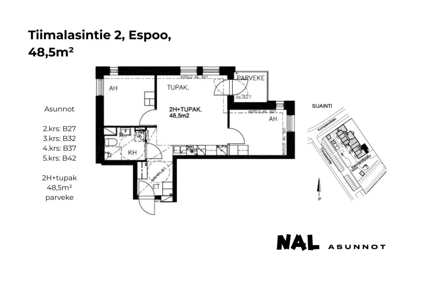 Tiimalasintie 2, 48,5m², B27, B32, B37, B42