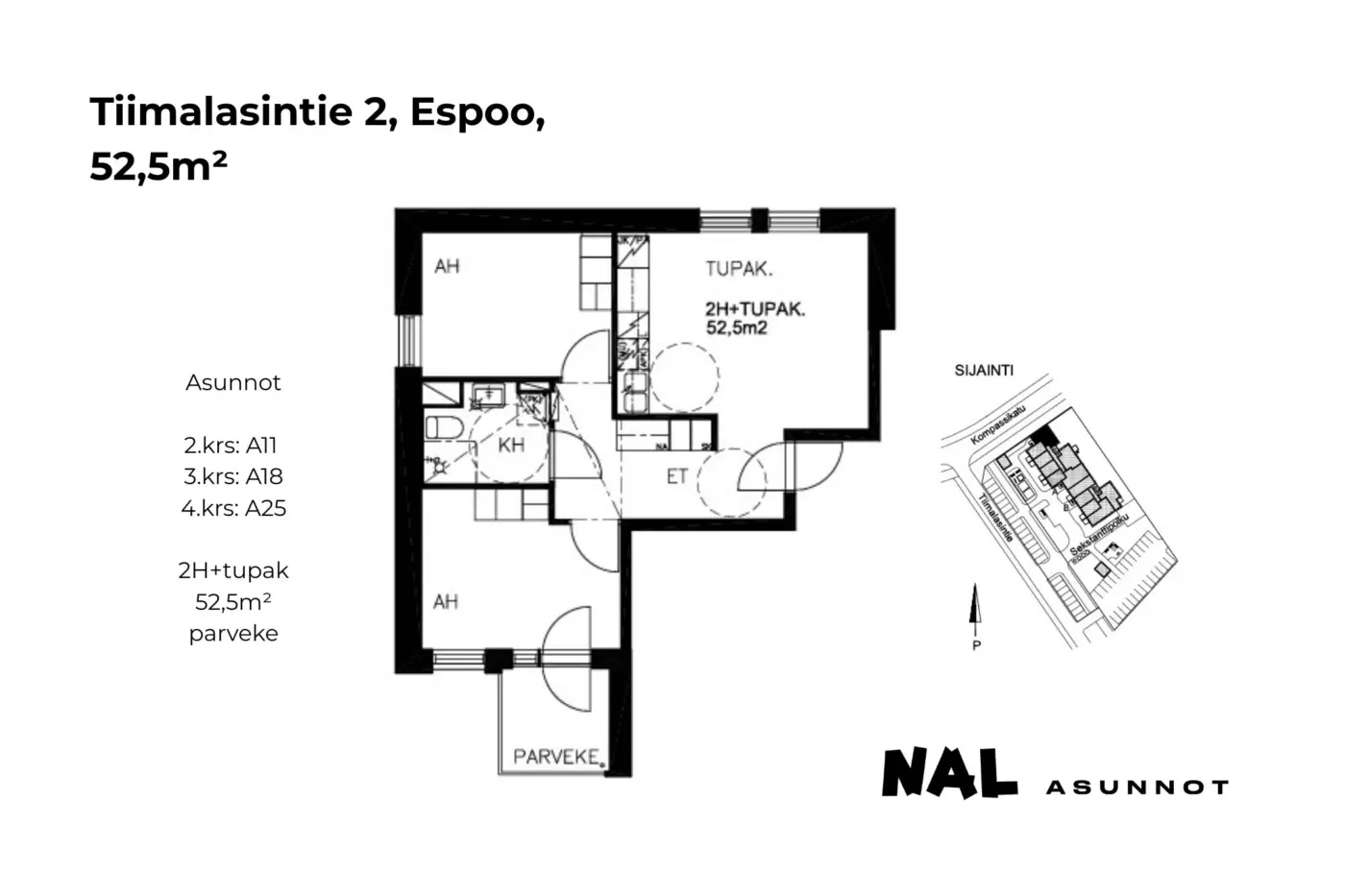 Tiimalasintie 2, 52,5m², A11, A18, A25