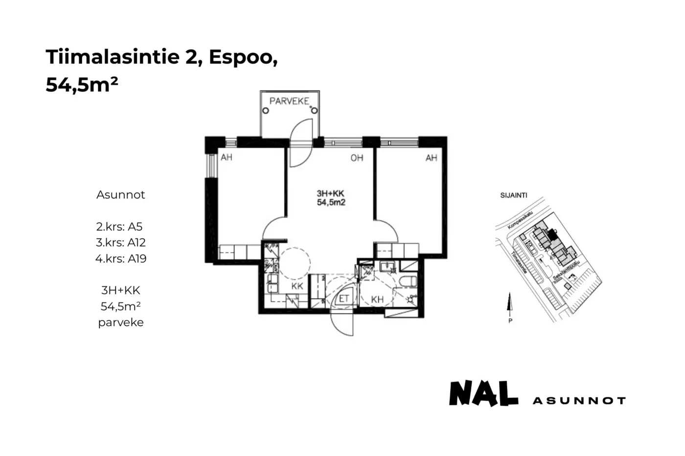 Tiimalasintie 2, 54,5m², A5, A12, A19