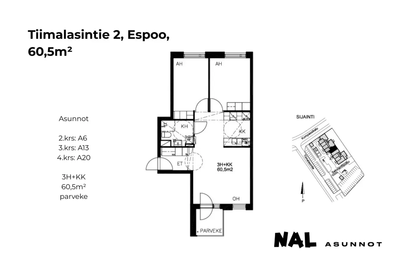 Tiimalasintie 2, 60,5m², A6, A13, A20