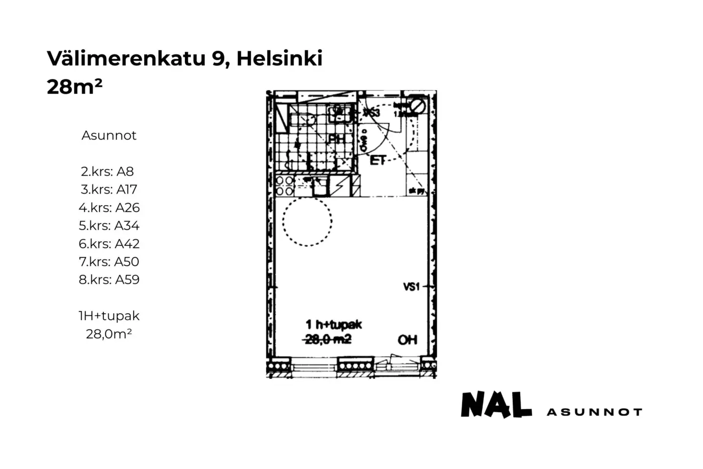 Välimerenkatu 9, 28m², A8, A17, A26, A34, A42, A50, A59