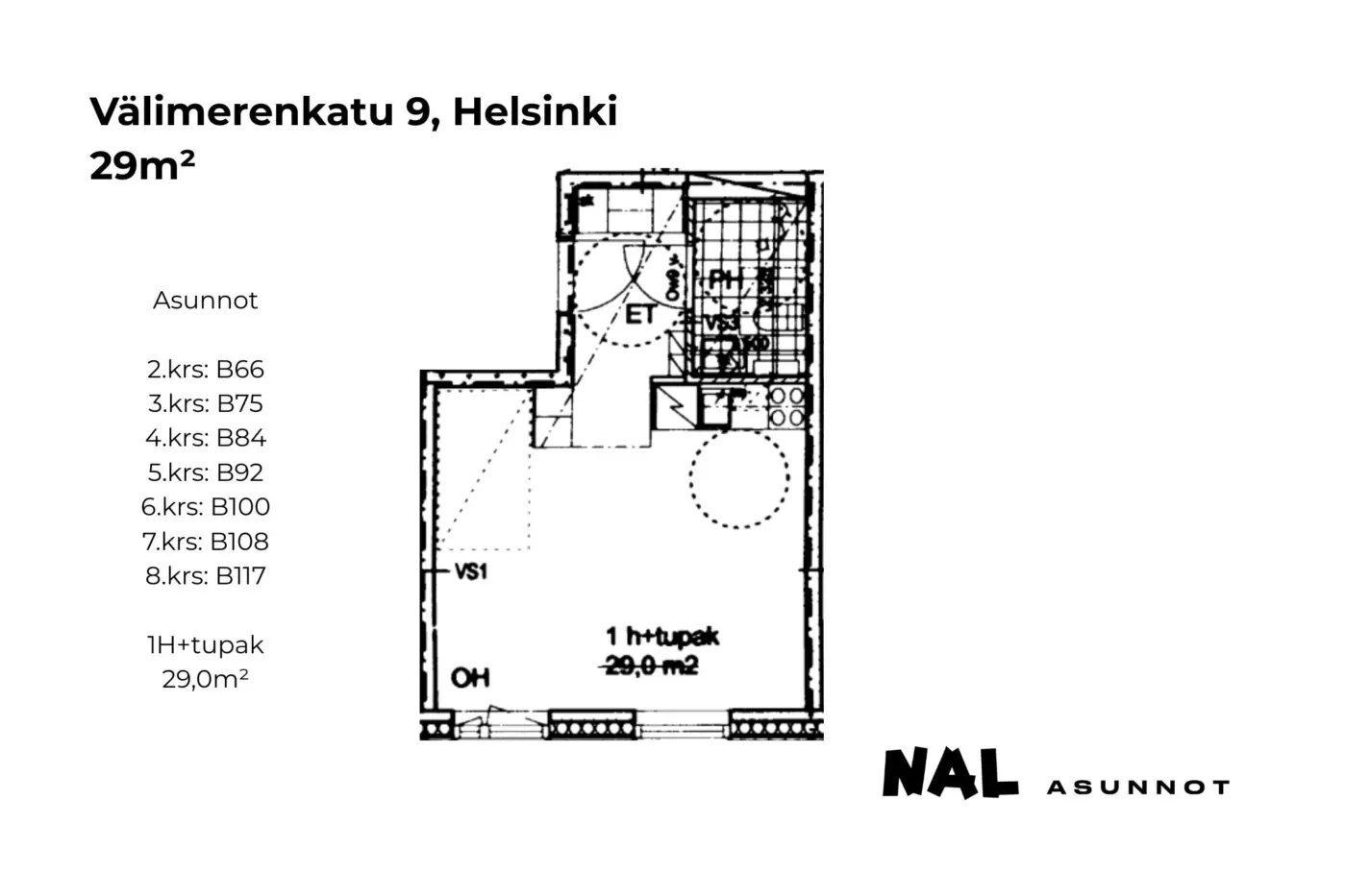 Välimerenkatu 9, 29m², B66, B75, B84, B92, B100, B108, B117