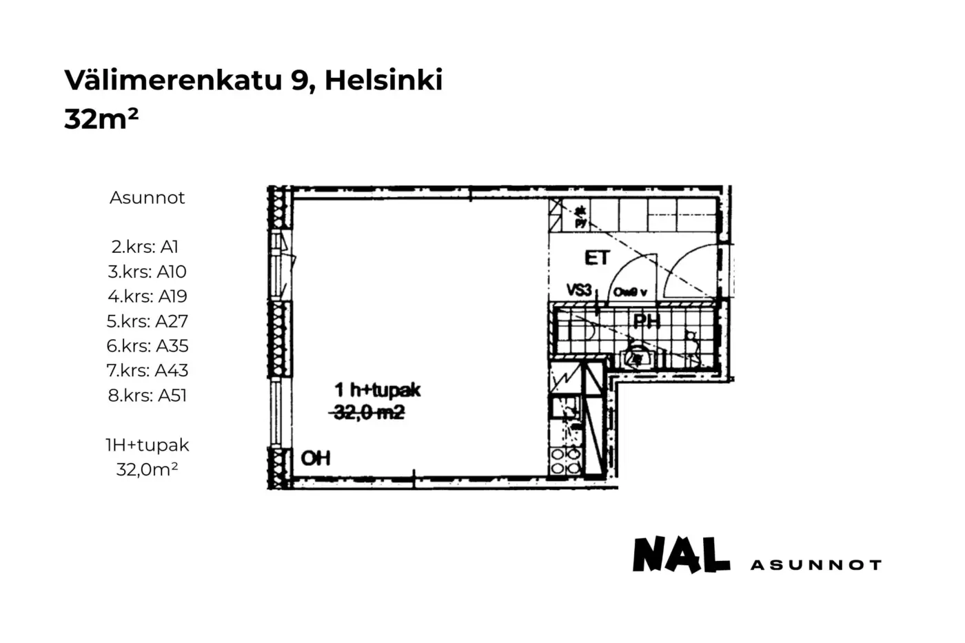 Välimerenkatu 9, 32m², A1, A10, A19, A27, A35, A43, A51