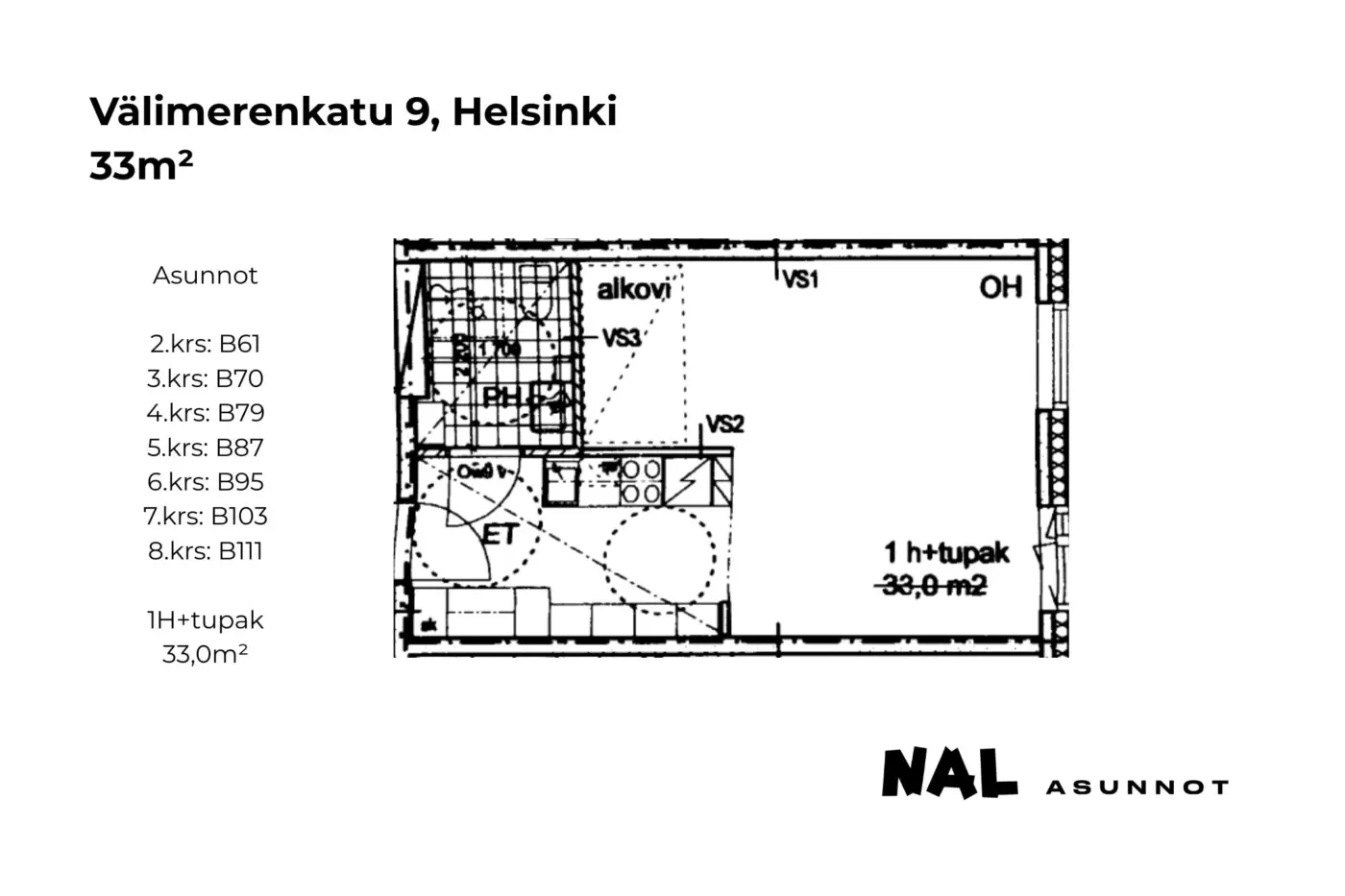 Välimerenkatu 9, 33m², B61, B70, B79, B87, B95, B103, B111