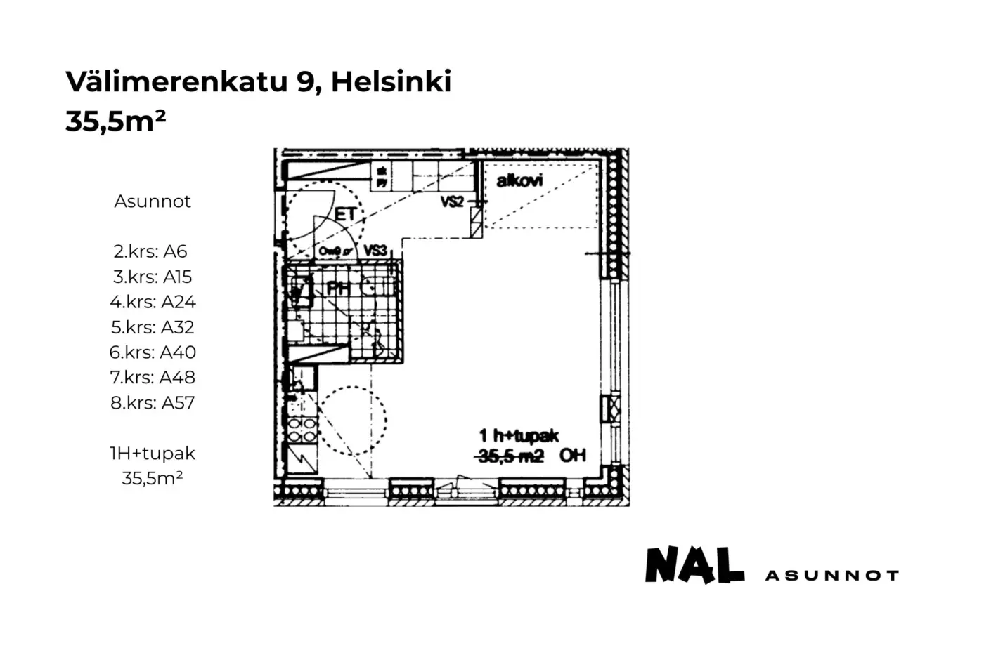 Välimerenkatu 9, 35,5m², A6, A15, A24, A32, A40, A48, A57