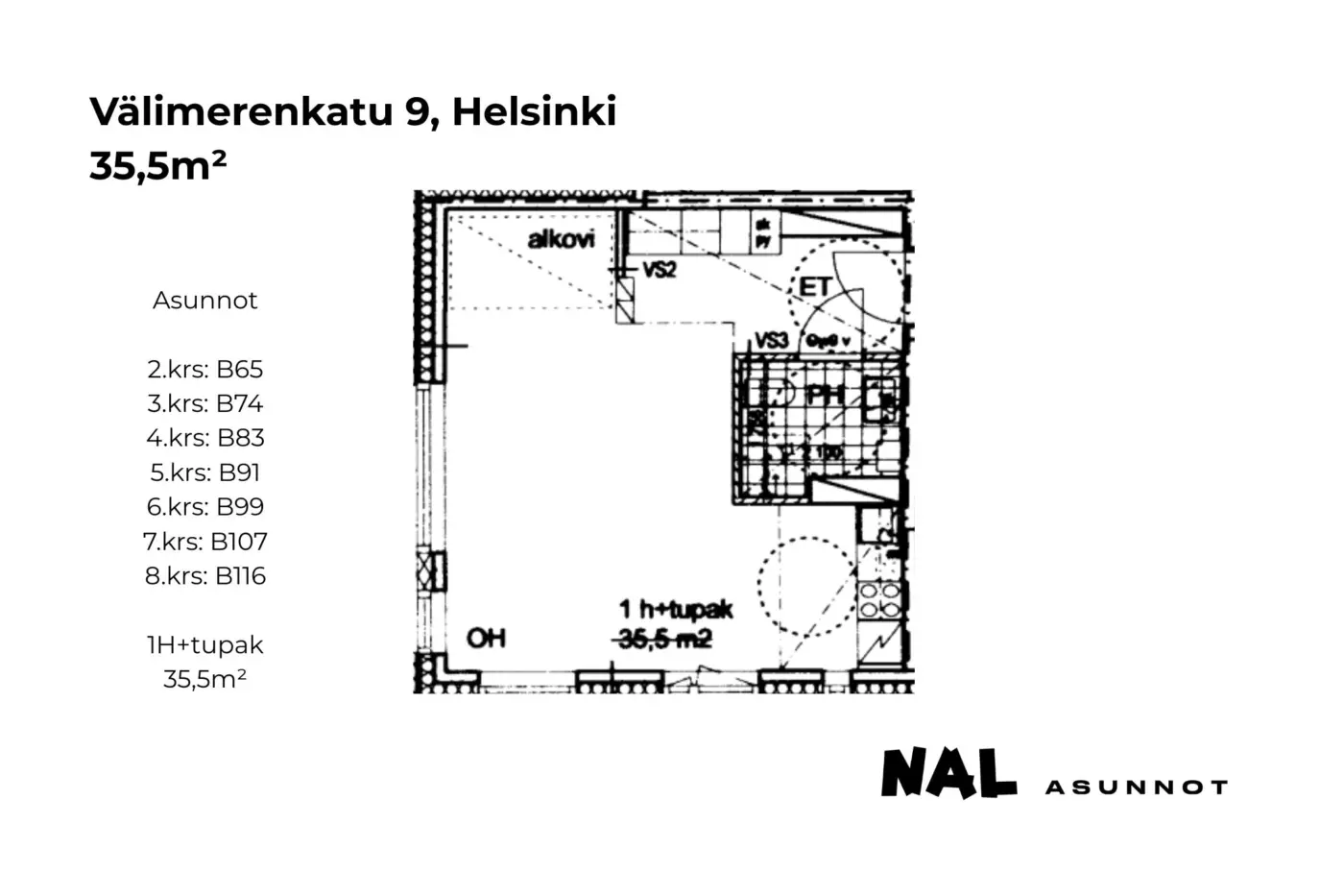 Välimerenkatu 9, 35,5m², B65, B74, B83, B91, B99, B107, B116