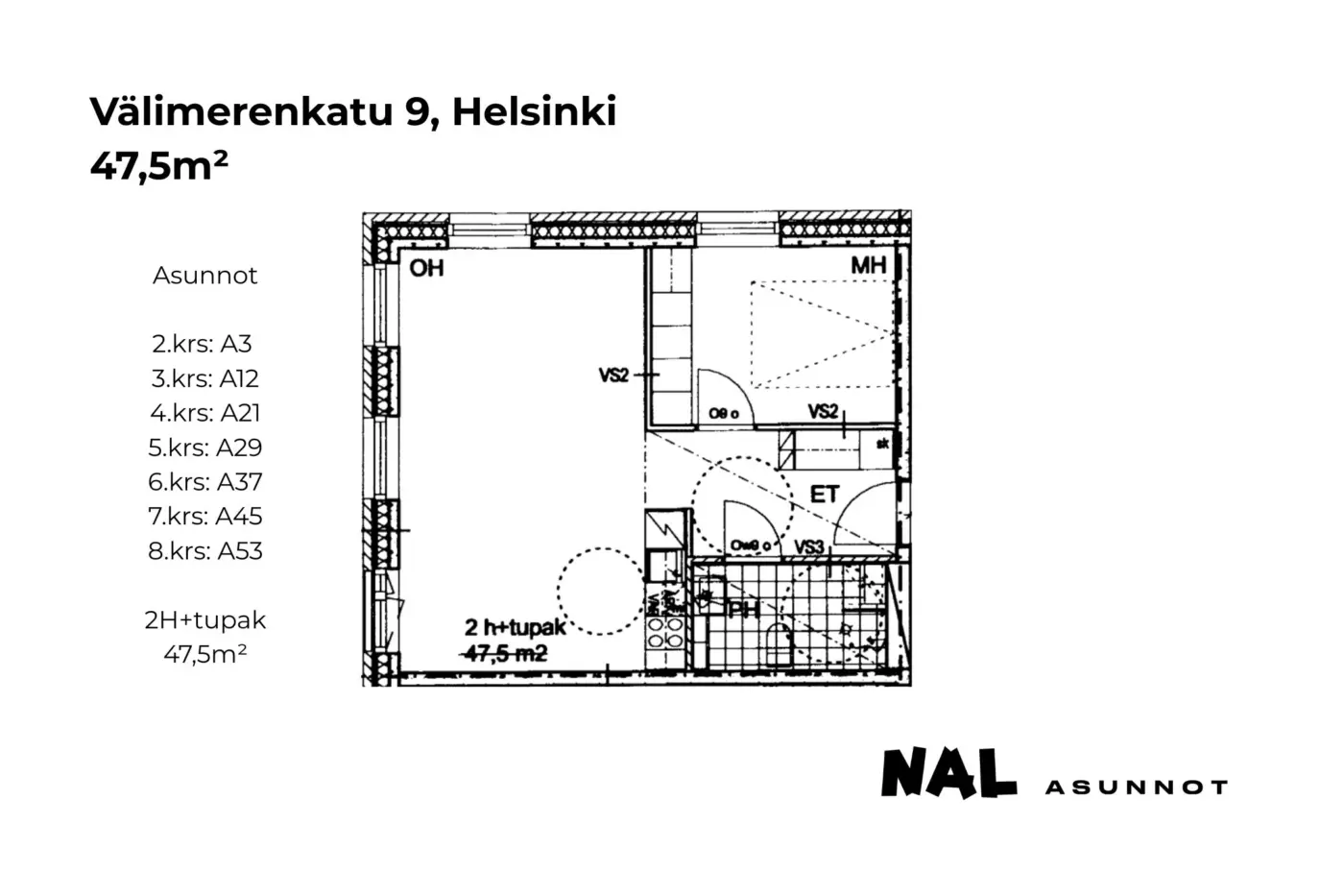 Välimerenkatu 9, 47,5m², A3, A12, A21, A29, A37, A45, A53
