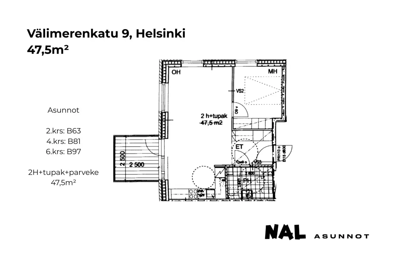 Välimerenkatu 9, 47,5m², B63, B81, B97