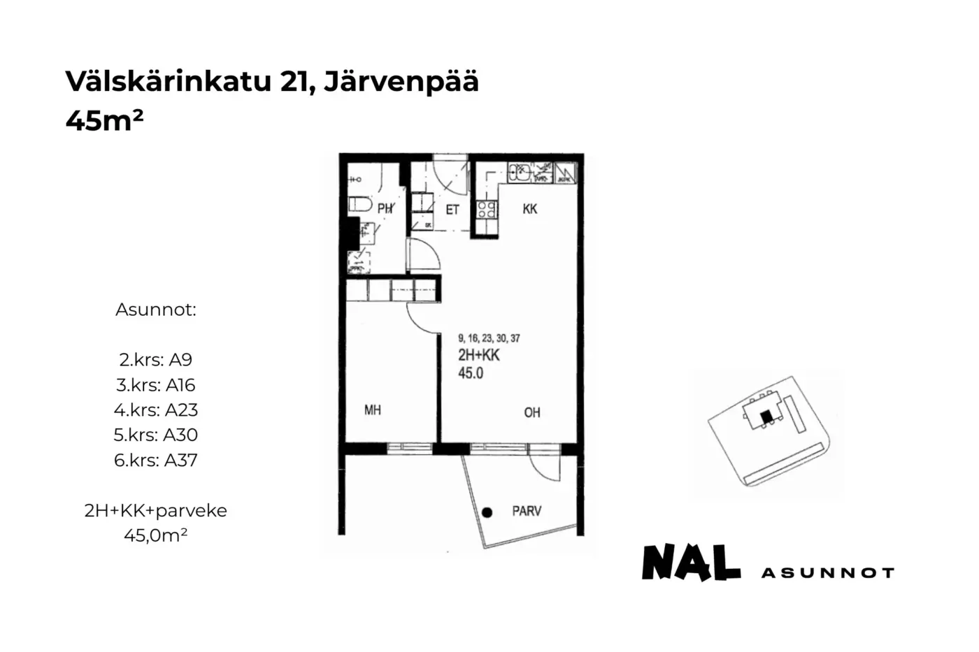 Välskärinkatu 21, 45m², A9, A16, A23, A30, A37