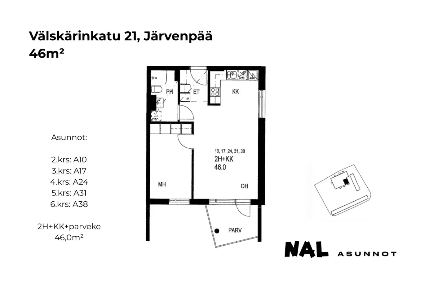 Välskärinkatu 21, 46m², A10, A17, A24, A31, A38