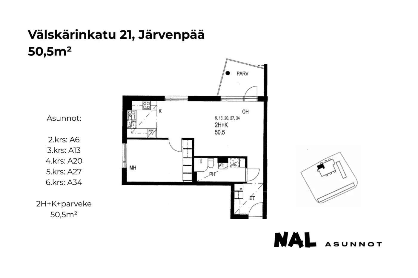 Välskärinkatu 21, 50,5m², A6, A13, A20, A27, A34