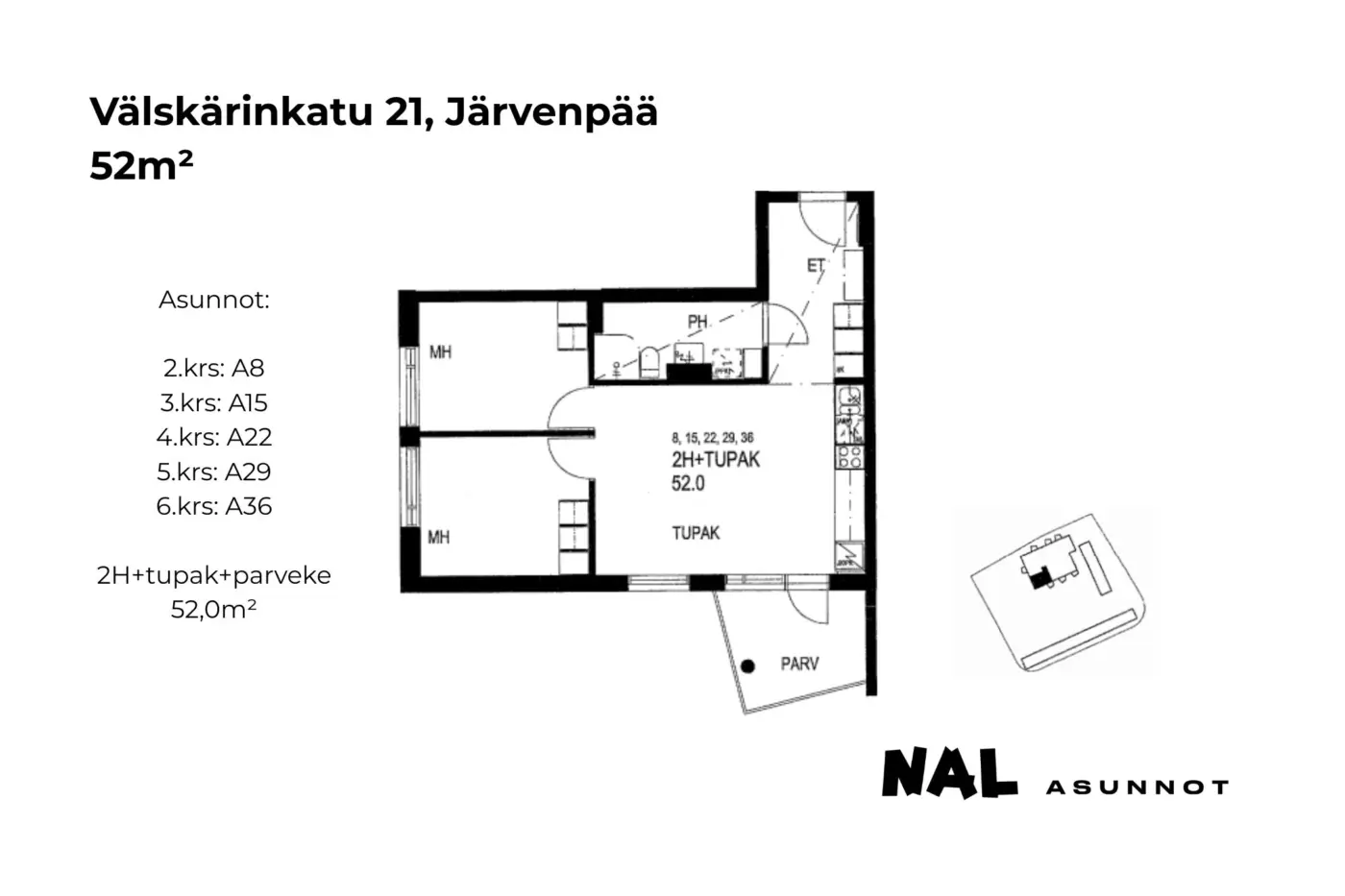 Välskärinkatu 21, 52m², A8, A15, A22, A29, A36