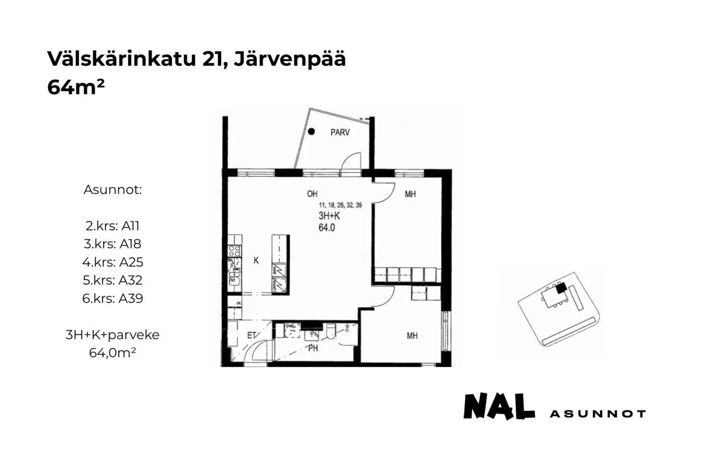 Välskärinkatu 21, 64m², A11, A18, A25, A32, A39