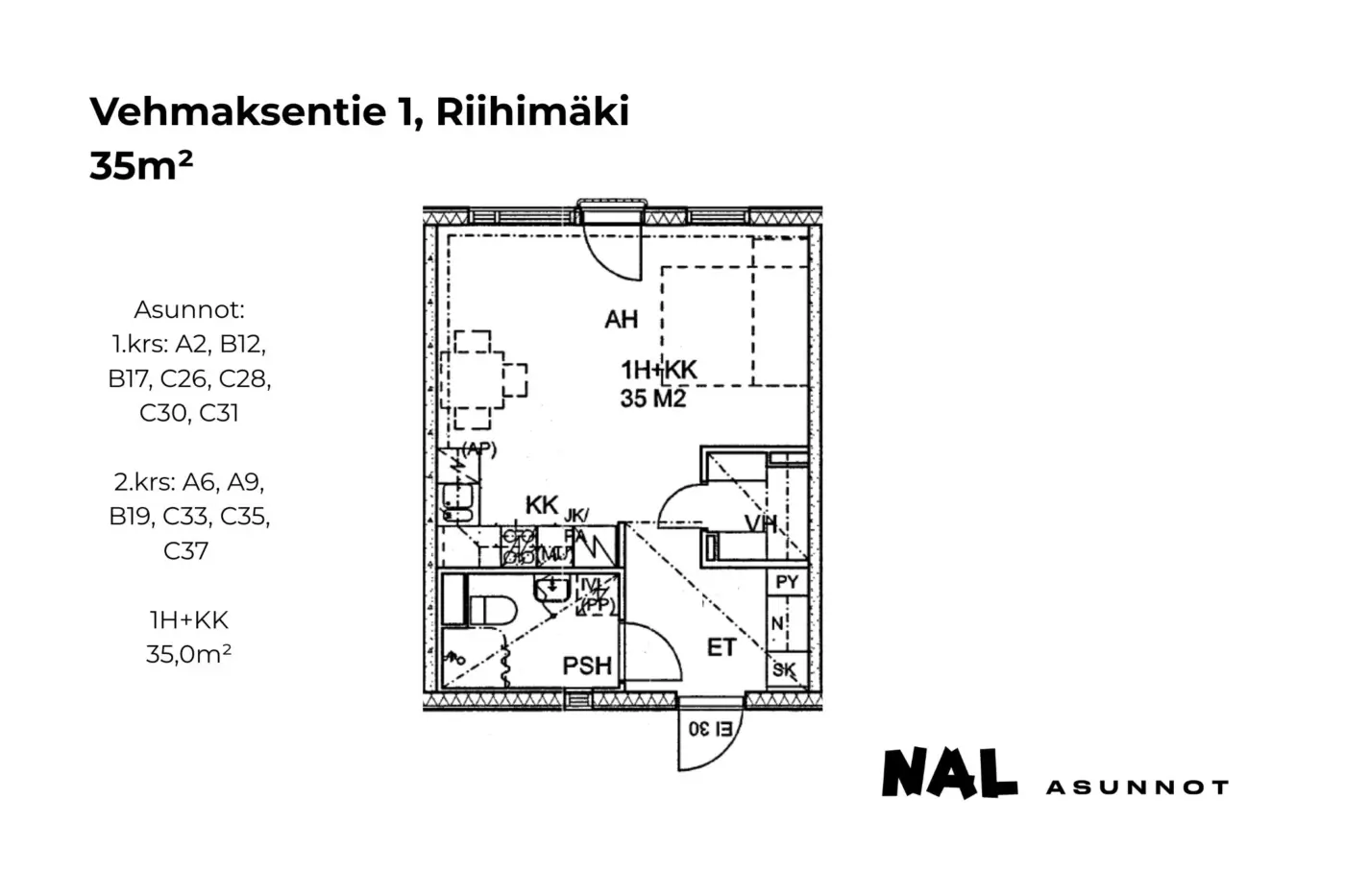 Vehmaksentie 1, 35m², A2, A6, A9, B12, B17, B19, C26, C28, C30, C31, C33, C35, C37