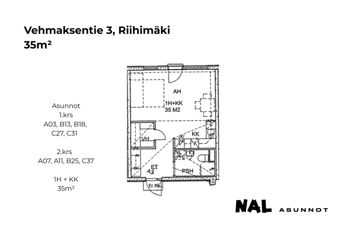 Vehmaksentie 3, A3, A7, A11, B13, B18, B25, C27, C31, C37, 35m2