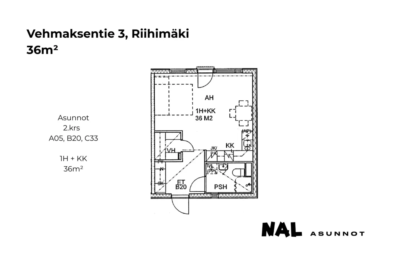 Vehmaksentie 3, A5, B20, C33, 36m2