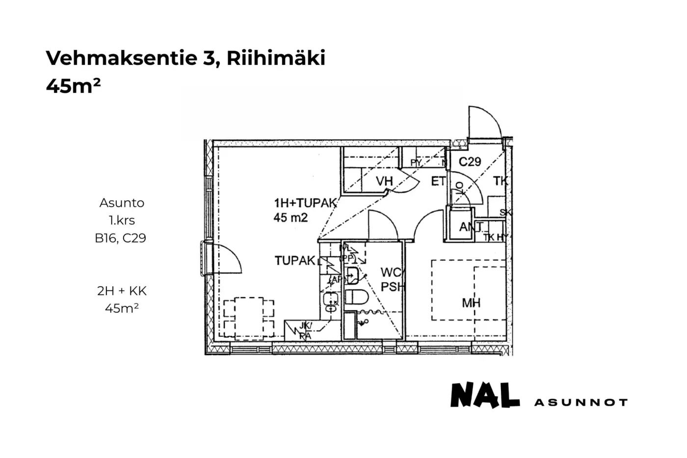 Vehmaksentie 3, B16, C29, 45m2